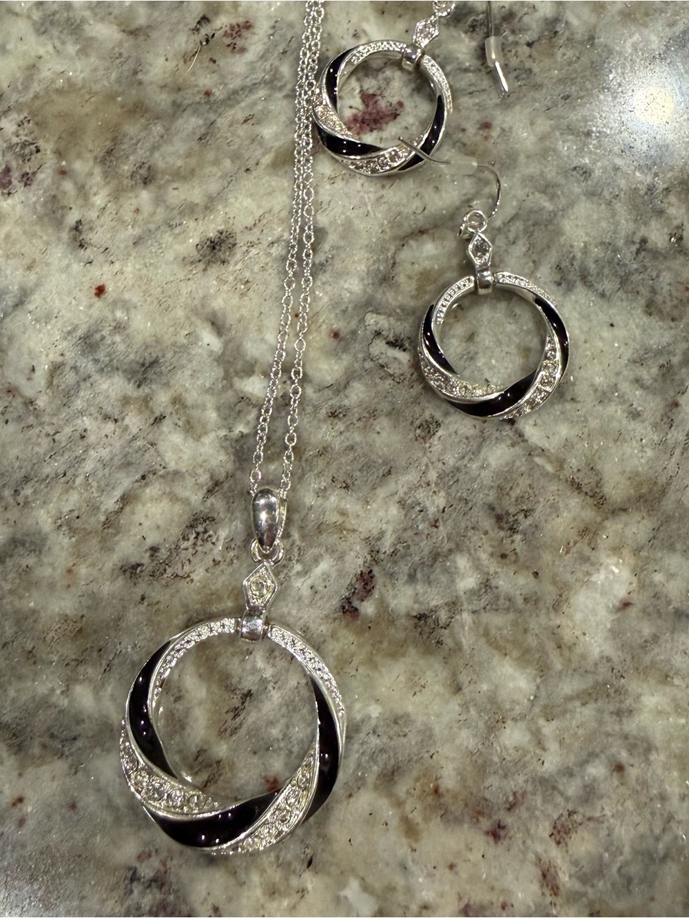 Silver and Black Crystal Circle Necklace and Earrings Set